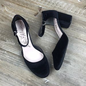 Libby Edelman Velvet chunky heel ankle strap heels